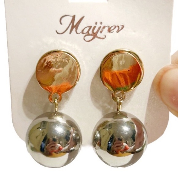 Mayrev Silver and Gold Tone Dangling Earrings Circle Ball Sphere Bauble Classy - Picture 1 of 10
